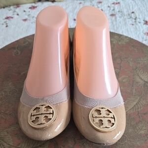 Tory Burch Tan Flats with Gold Emblem